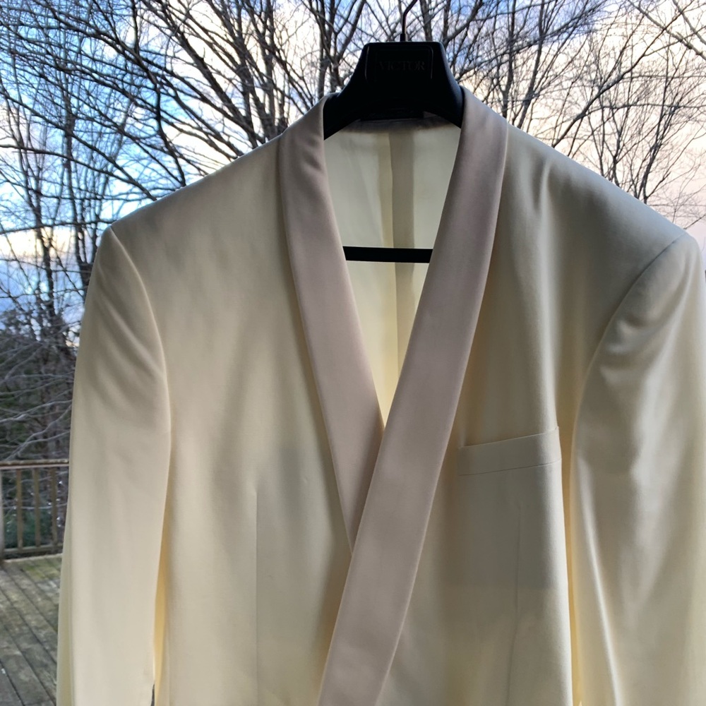 Giorgio Armani off white shawl collar db tuxedo jacket.